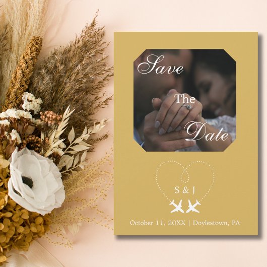 旅行結婚の飛行機のハートモダンを保存 招待状