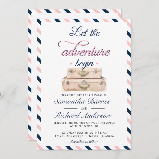 旅行結婚式招待状はがき赤青 招待状 (正面/裏面)