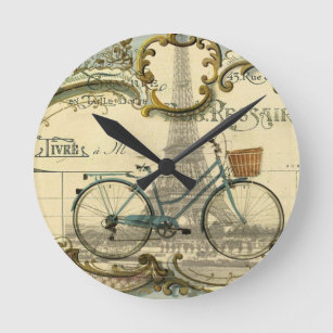 旅行者のヴィンテージの自転車のパリシックなエッフェル塔 ラウンド壁時計