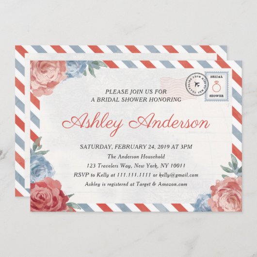 旅行花の郵便はがきのブライダルシャワーの招待状 招待状 (正面/裏面)