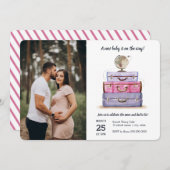 旅行赤ちゃんシャワーピンク紫のスーツケース 招待状 (正面/裏面)