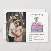 旅行赤ちゃんシャワーピンク紫のスーツケース 招待状 (正面)