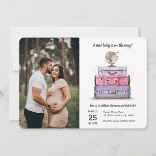 旅行赤ちゃんシャワーピンク紫のスーツケース 招待状