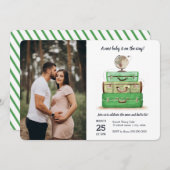 旅行赤ちゃんシャワー緑の水色のスーツケース 招待状 (正面/裏面)