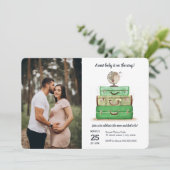 旅行赤ちゃんシャワー緑の水色のスーツケース 招待状 (スタンド正面)