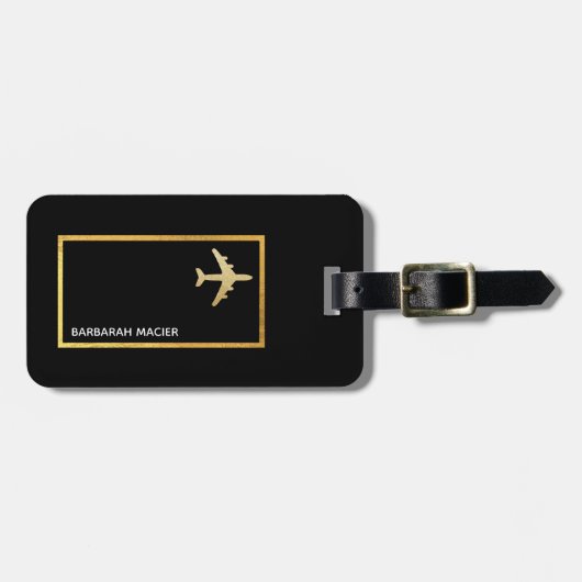 旅行金ゴールドフェイク飛行機カスタマイズ可能な黒 ラゲッジタグ (正面横)