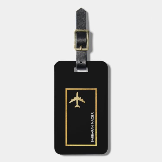 旅行金ゴールドフェイク飛行機カスタマイズ可能な黒 ラゲッジタグ (正面縦)