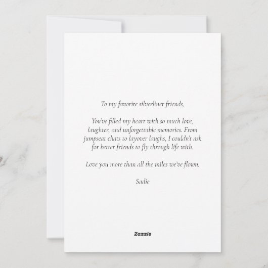旅行飛行機ハート私は私のシルバーライナーの友人を愛する シーズンカード (裏面)