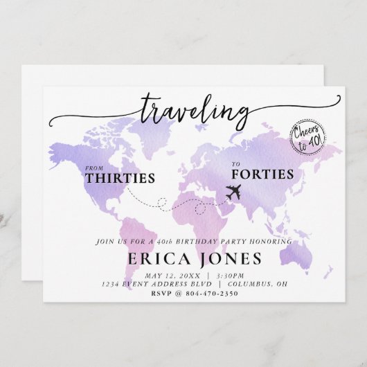 旅行30歳から40歳までの誕生日 招待状 (正面/裏面)