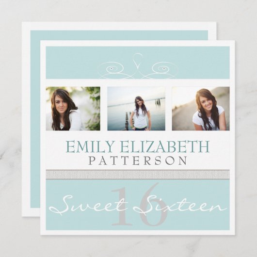 旋かわいらし回写真コラージュスイート16招待状 招待状 (正面/裏面)