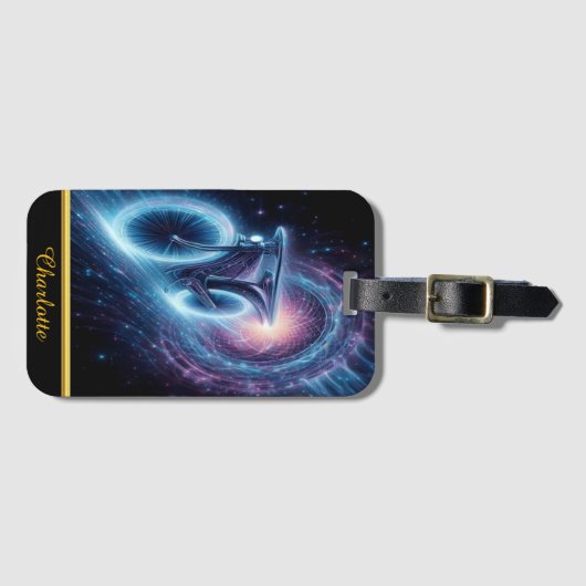 旋回する宇宙トンネルを自転車が走り抜ける ラゲッジタグ (正面横)