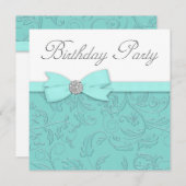旋回つる植物ティール(緑がかった色)ブルーバースデーパーティー 招待状 (正面/裏面)