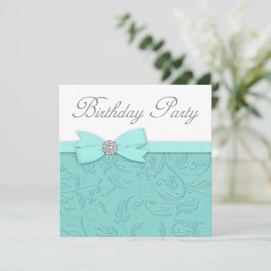 旋回つる植物ティール(緑がかった色)ブルーバースデーパーティー 招待状 (スタンド正面)