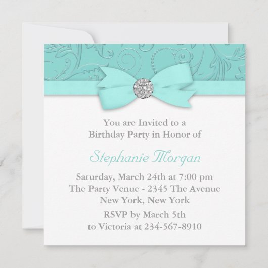 旋回つる植物ティール（緑がかった色）ブルーバースデーパーティー 招待状 (裏面)