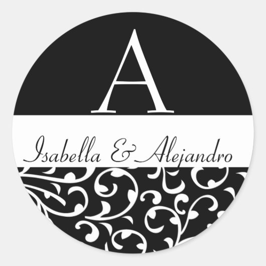 旋回ダマスクモノグラム名結婚式の引き出物ラベル ラウンドシール (正面)