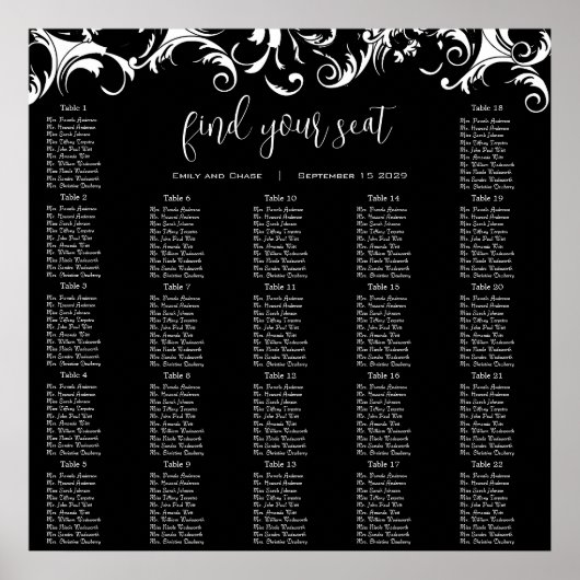 旋回ファンシーブラックダマスク披露宴シーティングチャート ポスター (正面)