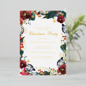 旋回フローラレッド金ゴールドグリーンクリスマスパーティー 箔招待状 (立ち正面)