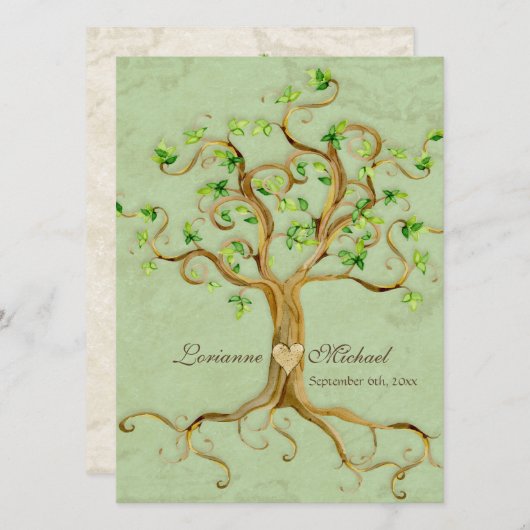 旋回木のルーツ古代グリーンパーチメント結婚ズ 招待状 (正面/裏面)