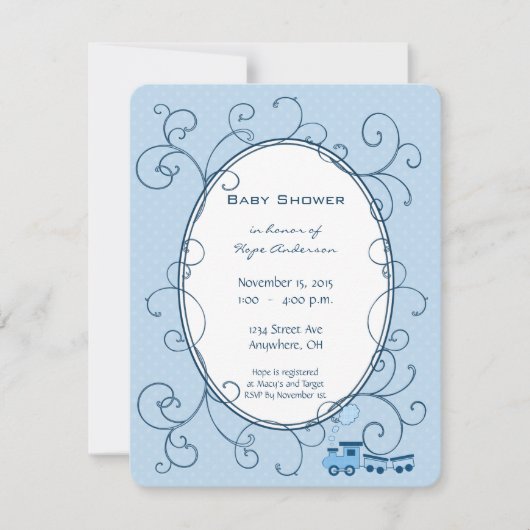 旋回男の赤ちゃんブルードットトレインシャワー発表 招待状 (正面)