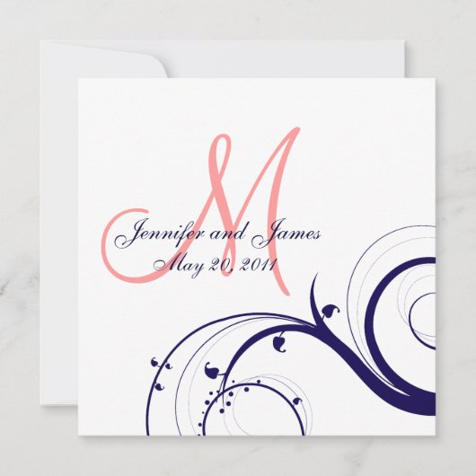 旋回結婚式招待状ネイビーブルーコーラルピンク 招待状 (正面)