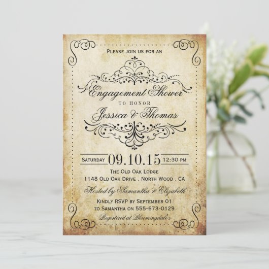旋回華美ヴィンテージ婚約シャワーまたはパーティー 招待状 (スタンド正面)