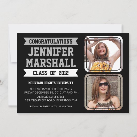 旗および写真の切り出しの卒業生の招待状-黒 招待状 (正面)