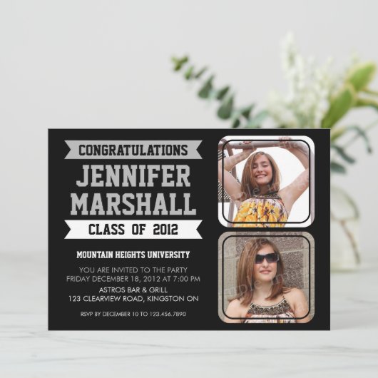 旗および写真の切り出しの卒業生の招待状-黒 招待状 (スタンド正面)