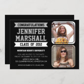 旗および写真の切り出しの卒業生の招待状-黒 招待状 (正面/裏面)