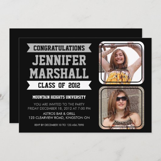 旗および写真の切り出しの卒業生の招待状-黒 招待状 (正面/裏面)