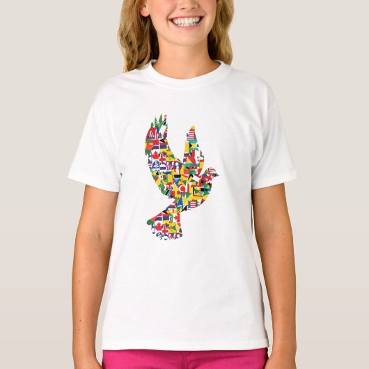 旗で作られた世界平和国際的鳩 Tシャツ (正面)