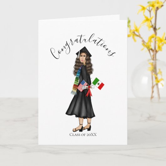 旗と卒業証書を持つラテンアメリカ系女性 カード (黄色い花)