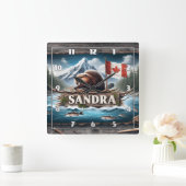 旗と風光明媚な川のカナダビーバー スクエア壁時計 (ホーム)