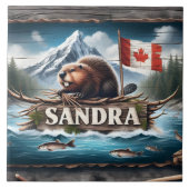 旗と風光明媚な川のカナダビーバー タイル (正面)