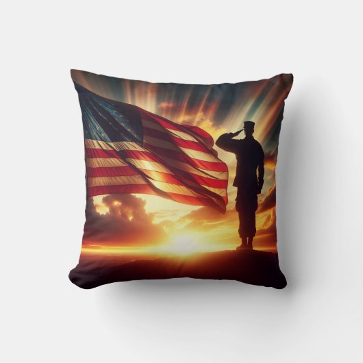 旗に敬礼するアメリカの兵士 クッション (正面)