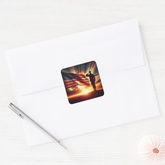 旗に敬礼するアメリカの兵士 スクエアシール (封筒)