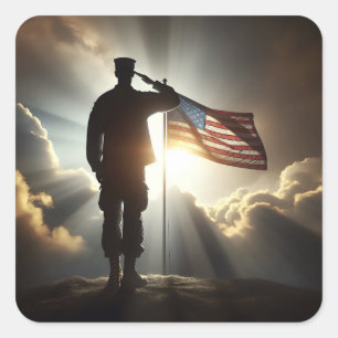 旗に敬礼するアメリカの兵士 スクエアシール