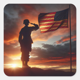 旗に敬礼するアメリカの兵士 スクエアシール