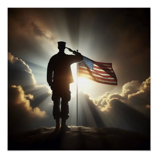 旗に敬礼するアメリカの兵士 ポスター (正面)