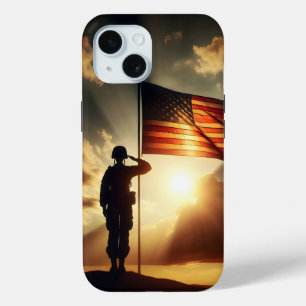 旗に敬礼するアメリカの兵士 iPhone 15ケース