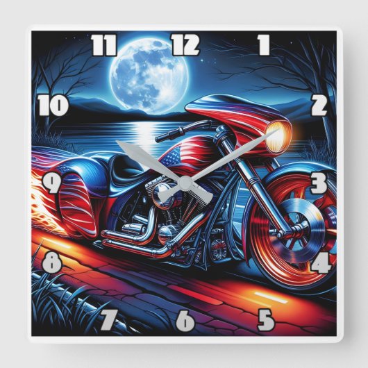 旗に飾られたバイクで月に照らされたライド スクエア壁時計 (正面)