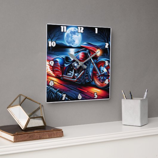旗に飾られたバイクで月に照らされたライド スクエア壁時計 (オフィス)