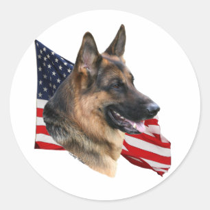 旗のステッカーを持つジャーマン・シェパード犬 ラウンドシール