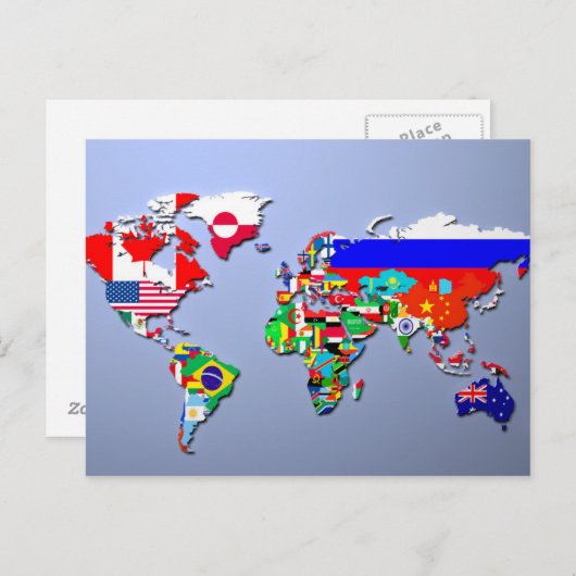 旗の付いた世界地図 ポストカード (正面/裏面)