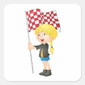旗の四角いステッ市松模様にクを持つ女の子 スクエアシール (正面)