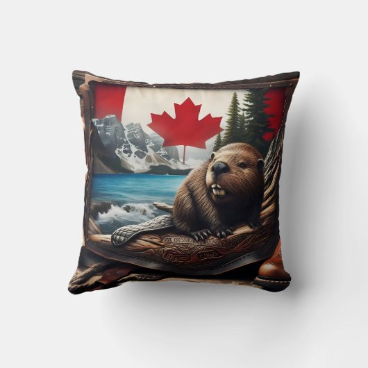 旗の背景を持つカナダの荒野のビーバー クッション (裏面)