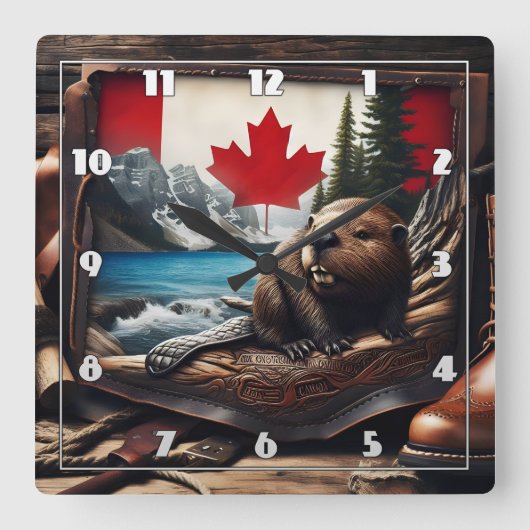 旗の背景を持つカナダの荒野のビーバー スクエア壁時計 (正面)