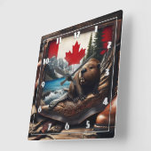 旗の背景を持つカナダの荒野のビーバー スクエア壁時計 (傾斜)