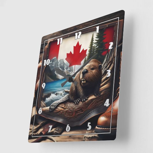 旗の背景を持つカナダの荒野のビーバー スクエア壁時計 (傾斜)
