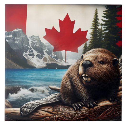 旗の背景を持つカナダの荒野のビーバー タイル (正面)
