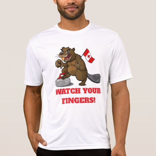 旗を持つカーリングビーバー - 指に注意! Tシャツ (正面)